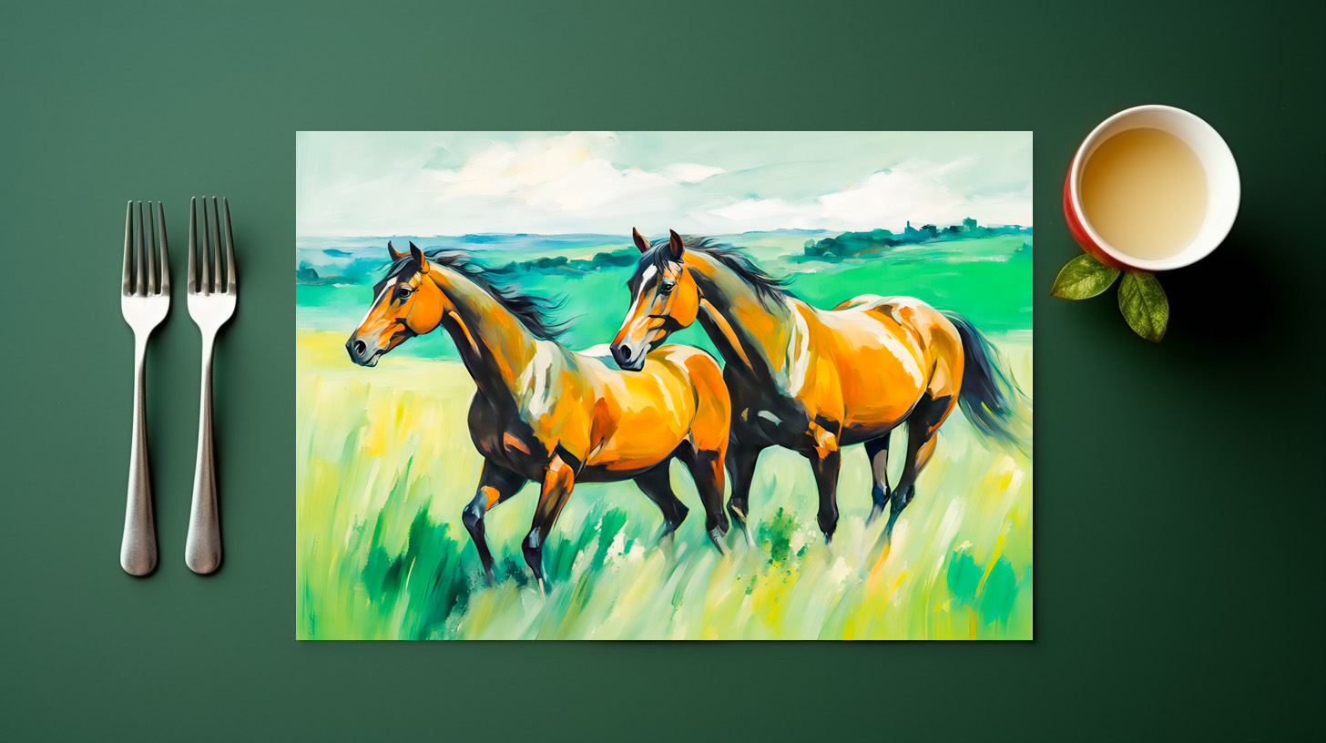 raxxa Premium-Tischset: Two Brown Horses Running Across Green Meadow – Bild 3