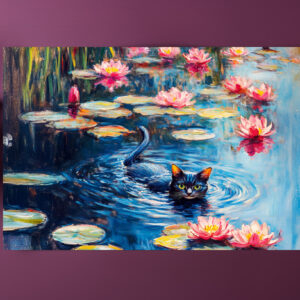 raxxa Premium-Tischset: Impressionistic Oil Painting of Black Cat in Lily Pond