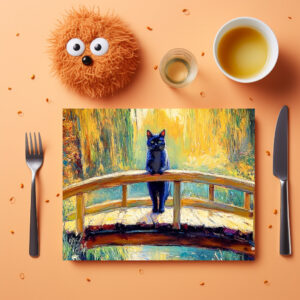 raxxa Premium-Tischset: Impressionistic Oil Painting of Black Cat on Wooden Pier by Pond