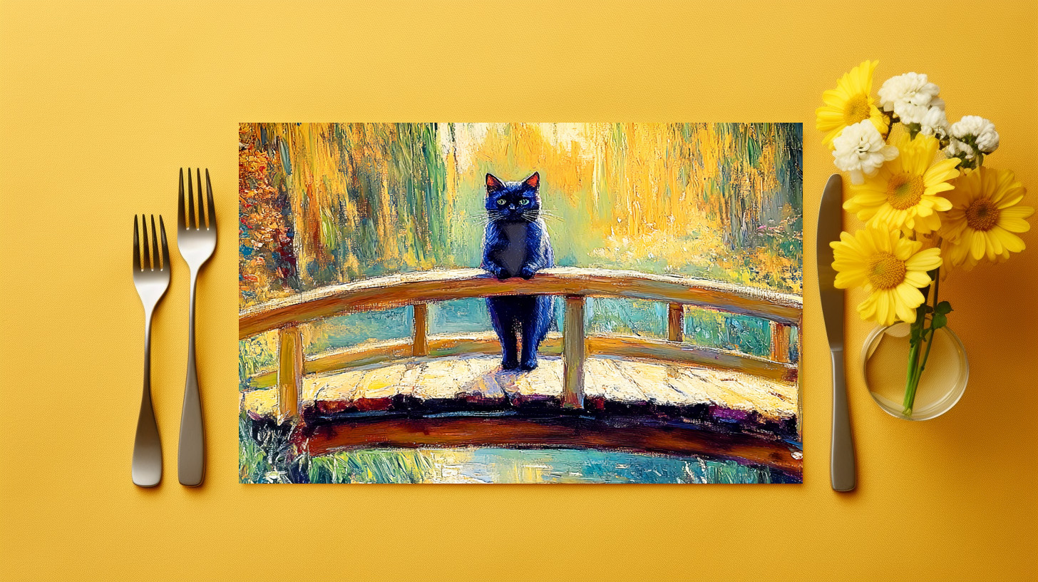 raxxa Premium-Tischset: Impressionistic Oil Painting of Black Cat on Wooden Pier by Pond - Imagen 2