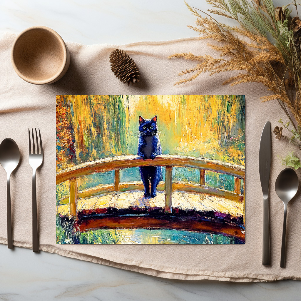 raxxa Premium-Tischset: Impressionistic Oil Painting of Black Cat on Wooden Pier by Pond - Imagen 3