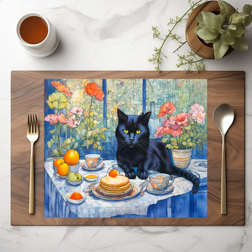 raxxa Premium-Tischset: Watercolor Black Cat with Tea Table