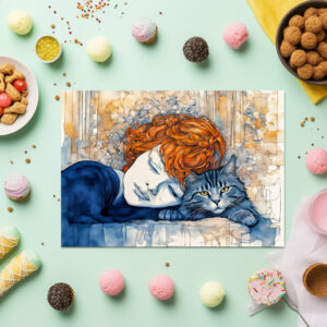 raxxa Premium-Tischset: Watercolor Woman Sleeping with Cat