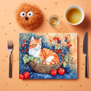 raxxa Premium-Tischset: Watercolor Cat in Basket with Cherries