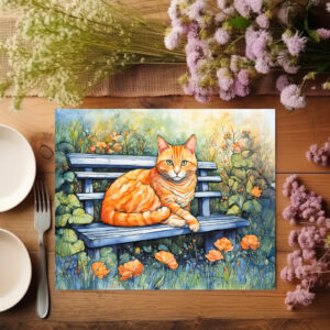 raxxa Premium-Tischset: Watercolor of Cat on Bench in Flower Garden
