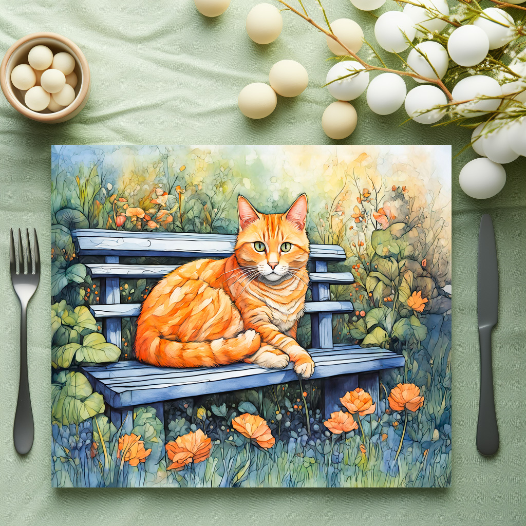 raxxa Premium-Tischset: Watercolor of Cat on Bench in Flower Garden – Bild 3