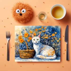 raxxa Premium-Tischset: Watercolor White Cat in Flower Basket