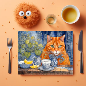 raxxa Premium-Tischset: Watercolor Orange Cat with Lemon Tea