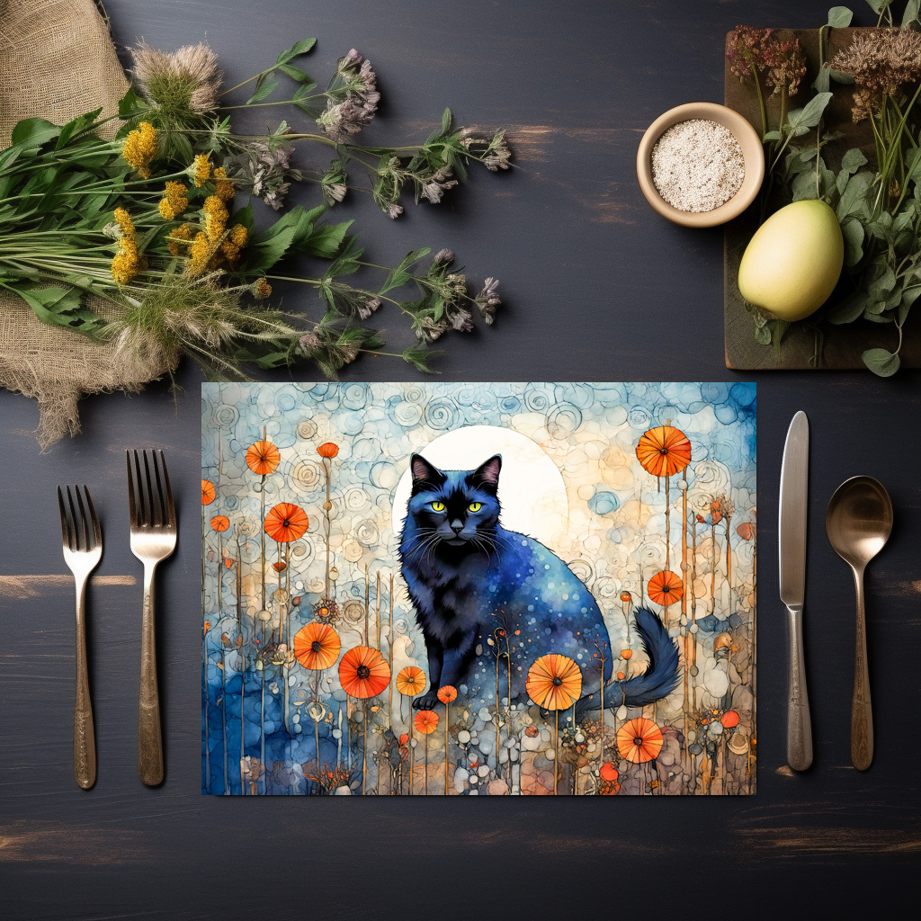 raxxa Premium-Tischset: Watercolor Black Cat in Poppy Field