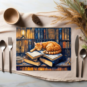 raxxa Premium-Tischset: Watercolor Orange Cat Sleeping on Books