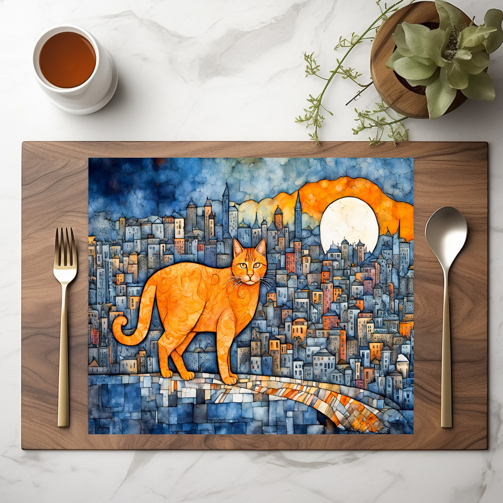 raxxa Premium-Tischset: Orange Cat in Urban Sunset Watercolor - Image 2