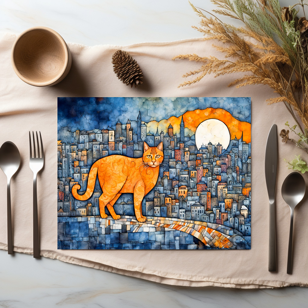 raxxa Premium-Tischset: Orange Cat in Urban Sunset Watercolor - Image 3
