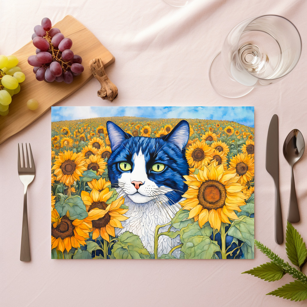 raxxa Premium-Tischset: Watercolor Blue-Eyed Cat in Sunflowers