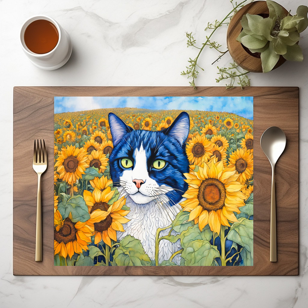 raxxa Premium-Tischset: Watercolor Blue-Eyed Cat in Sunflowers - Imagen 2