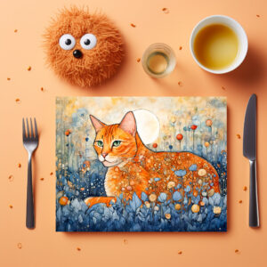 raxxa Premium-Tischset: Watercolor Orange Cat Relaxing in Flowers