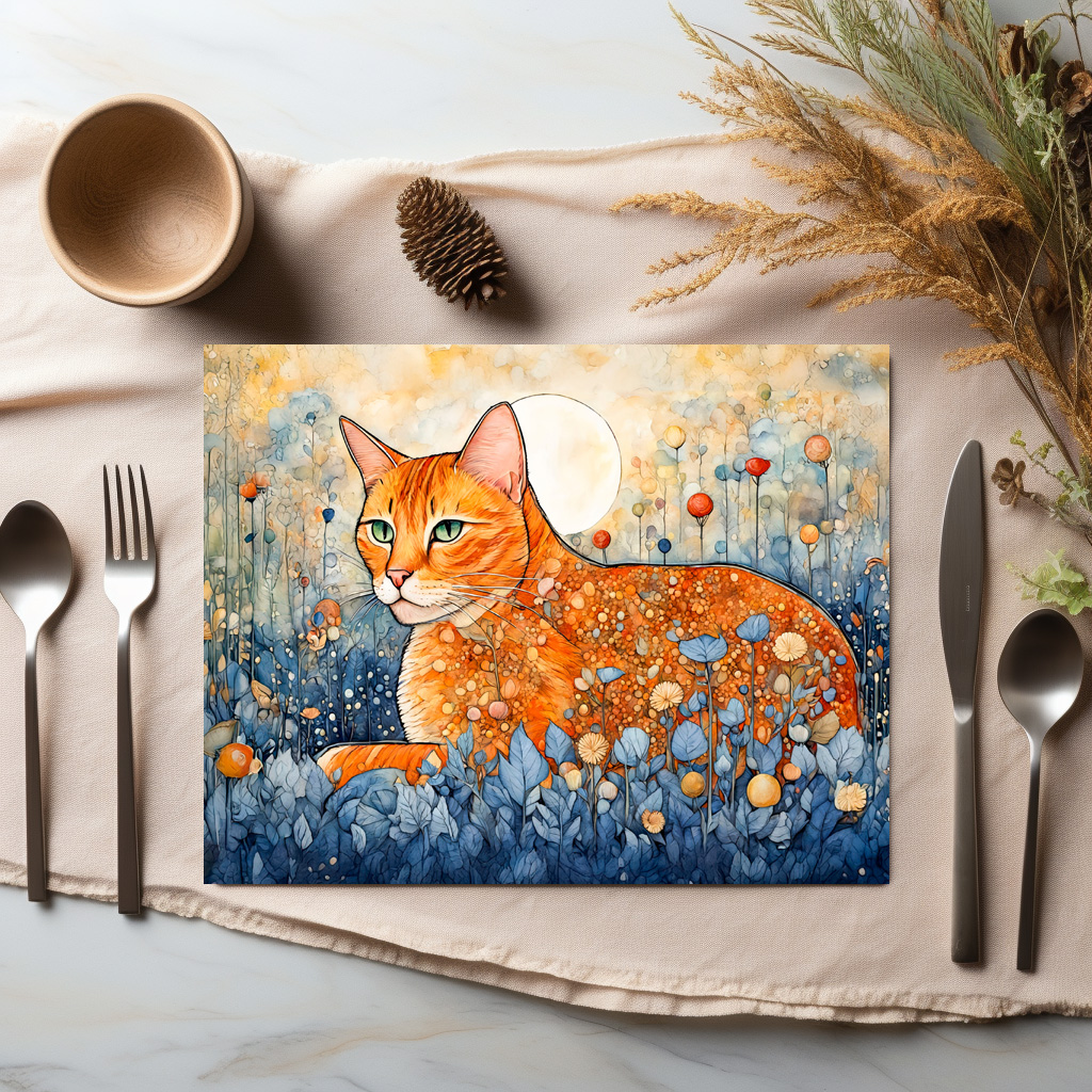 raxxa Premium-Tischset: Watercolor Orange Cat Relaxing in Flowers - immagine 2
