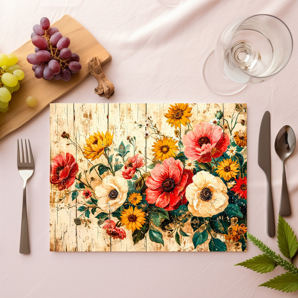 raxxa Premium-Tischset: Wild Roses and Poppies on Rustic Wood