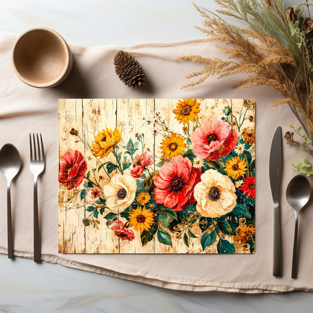raxxa Premium-Tischset: Wild Roses and Poppies on Rustic Wood - Imagen 2