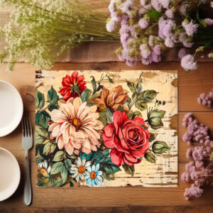 raxxa Premium-Tischset: Dahlias and Roses on Cracked Wooden Wall