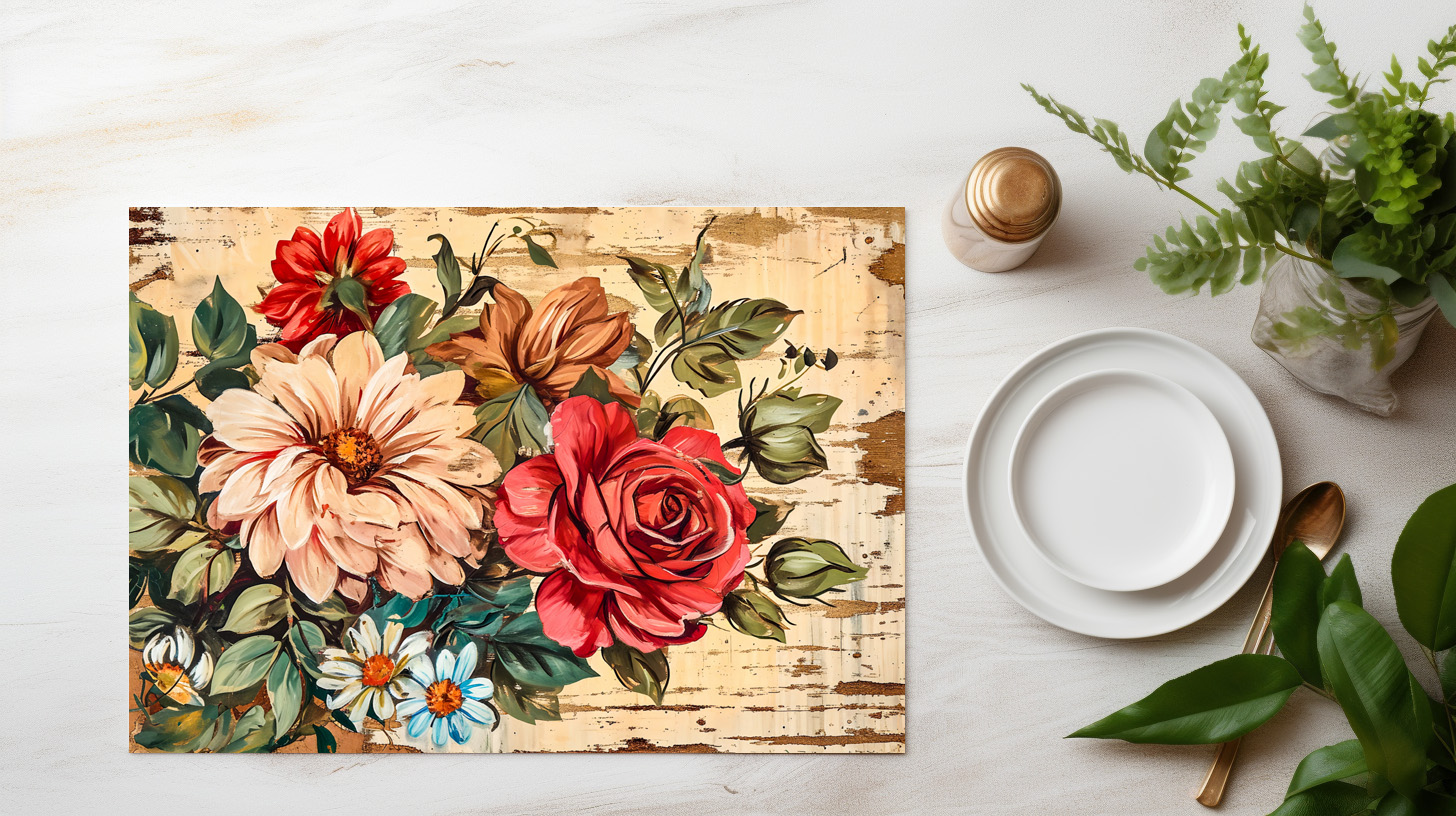 raxxa Premium-Tischset: Dahlias and Roses on Cracked Wooden Wall - immagine 3