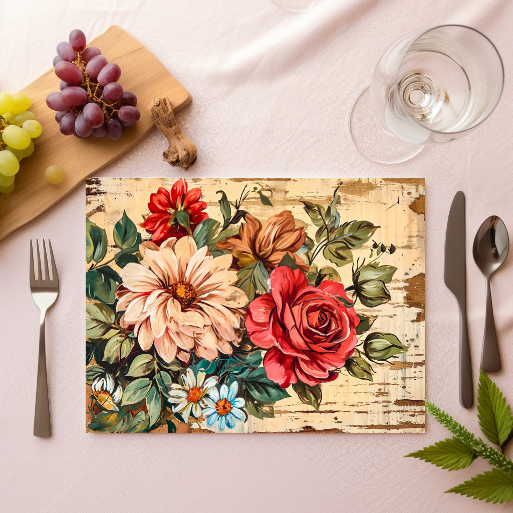 raxxa Premium-Tischset: Dahlias and Roses on Cracked Wooden Wall - immagine 2