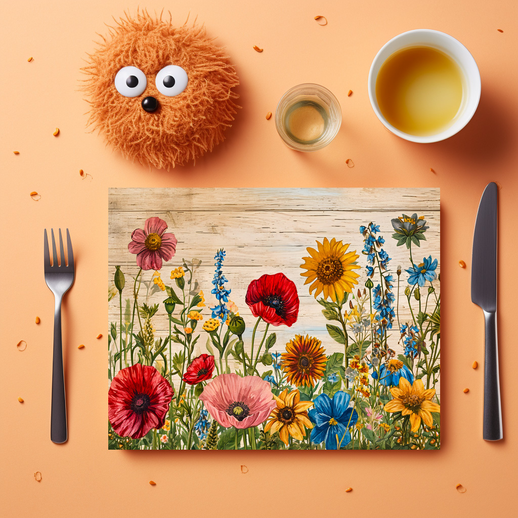 raxxa Premium-Tischset: Poppies and Wildflowers on Soft Rustic Wood – Image 3