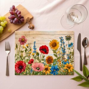 raxxa Premium-Tischset: Poppies and Wildflowers on Soft Rustic Wood