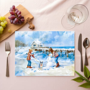 raxxa Premium-Tischset: Boy girl and dog playing on winter beach watercolor