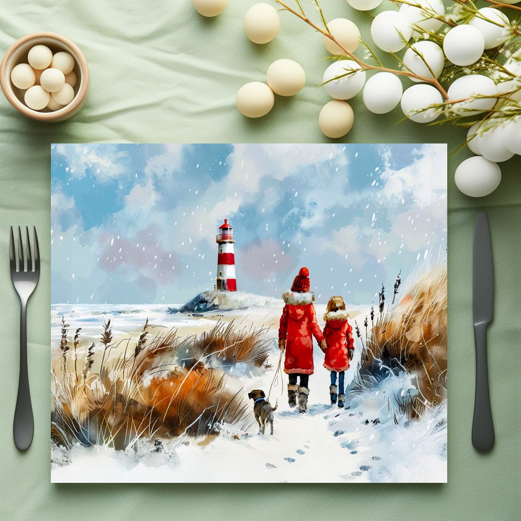 raxxa Premium-Tischset: Winter Beach Walk with Dog to Lighthouse – Image 3