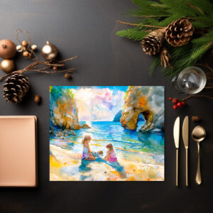 raxxa Premium-Tischset: Girls playing by seaside rock arch watercolor