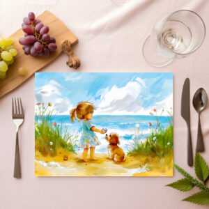 raxxa Premium-Tischset: Girl with dog playing at beach watercolor