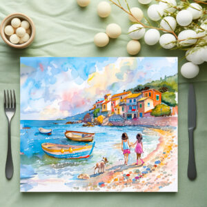 raxxa Premium-Tischset: Children with dog at Mediterranean beach watercolor