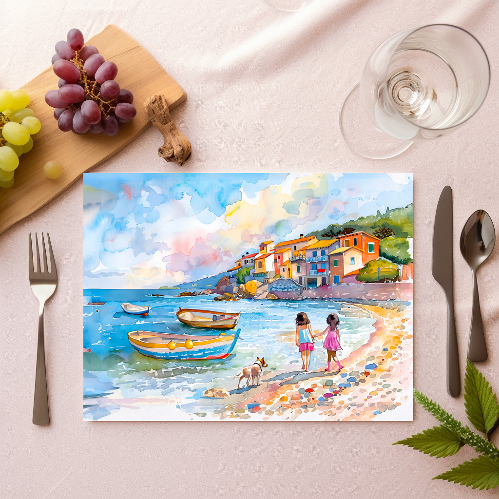 raxxa Premium-Tischset: Children with dog at Mediterranean beach watercolor - Imagen 2