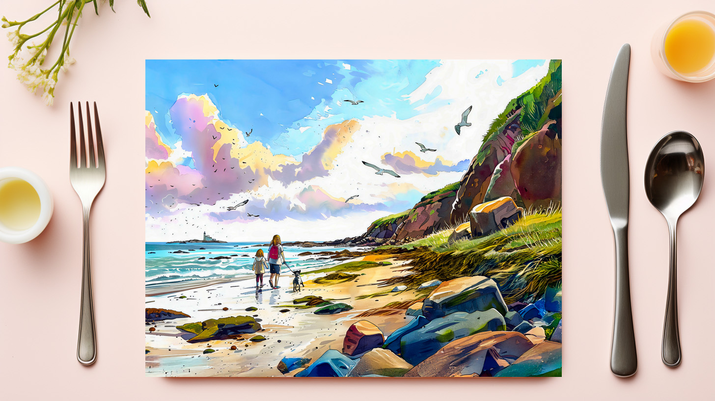raxxa Premium-Tischset: Mother and child walking dog on beach watercolor – Bild 2