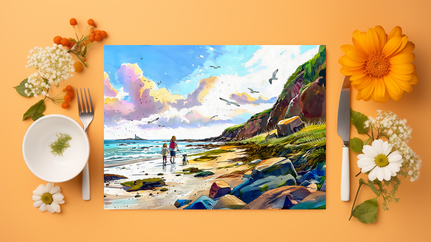 raxxa Premium-Tischset: Mother and child walking dog on beach watercolor – Bild 3