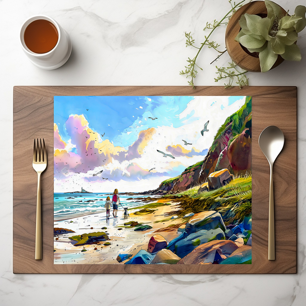 raxxa Premium-Tischset: Mother and child walking dog on beach watercolor