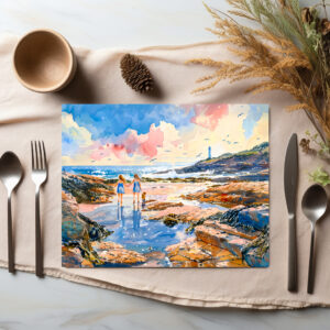 raxxa Premium-Tischset: Girls and Dog by Lighthouse Shore watercolor painting