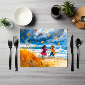 raxxa Premium-Tischset: Autumn Stormy Beach Fun with Dog watercolor painting