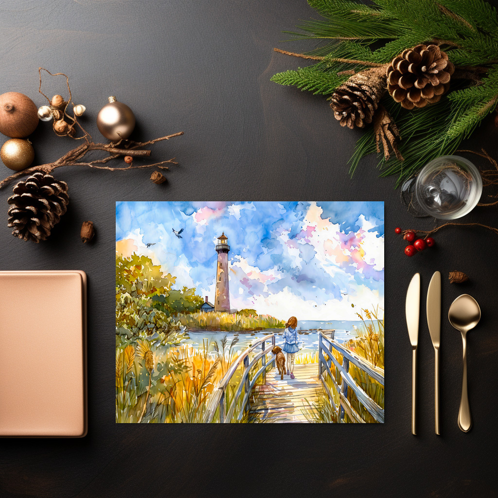 raxxa Premium-Tischset: Lighthouse trail with child and dog watercolor - Imagen 3