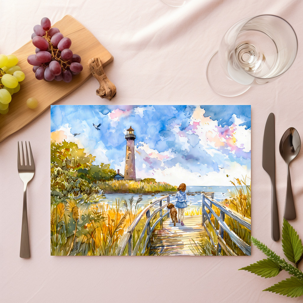 raxxa Premium-Tischset: Lighthouse trail with child and dog watercolor - Imagen 2