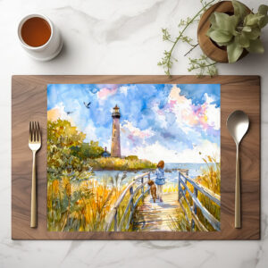 raxxa Premium-Tischset: Lighthouse trail with child and dog watercolor