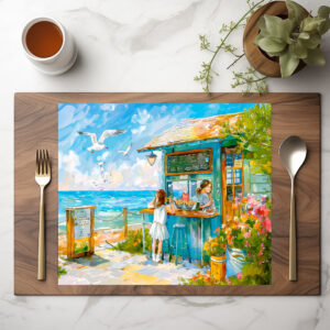 raxxa Premium-Tischset: Girl buying sandwitch and water bottle at beach snacks watercolor