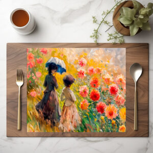raxxa Premium-Tischset: Two women at dahlia flowerbed