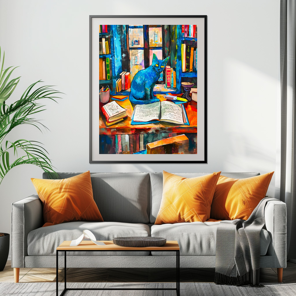 Poster: Cat sitting Among Open Books on table - immagine 2