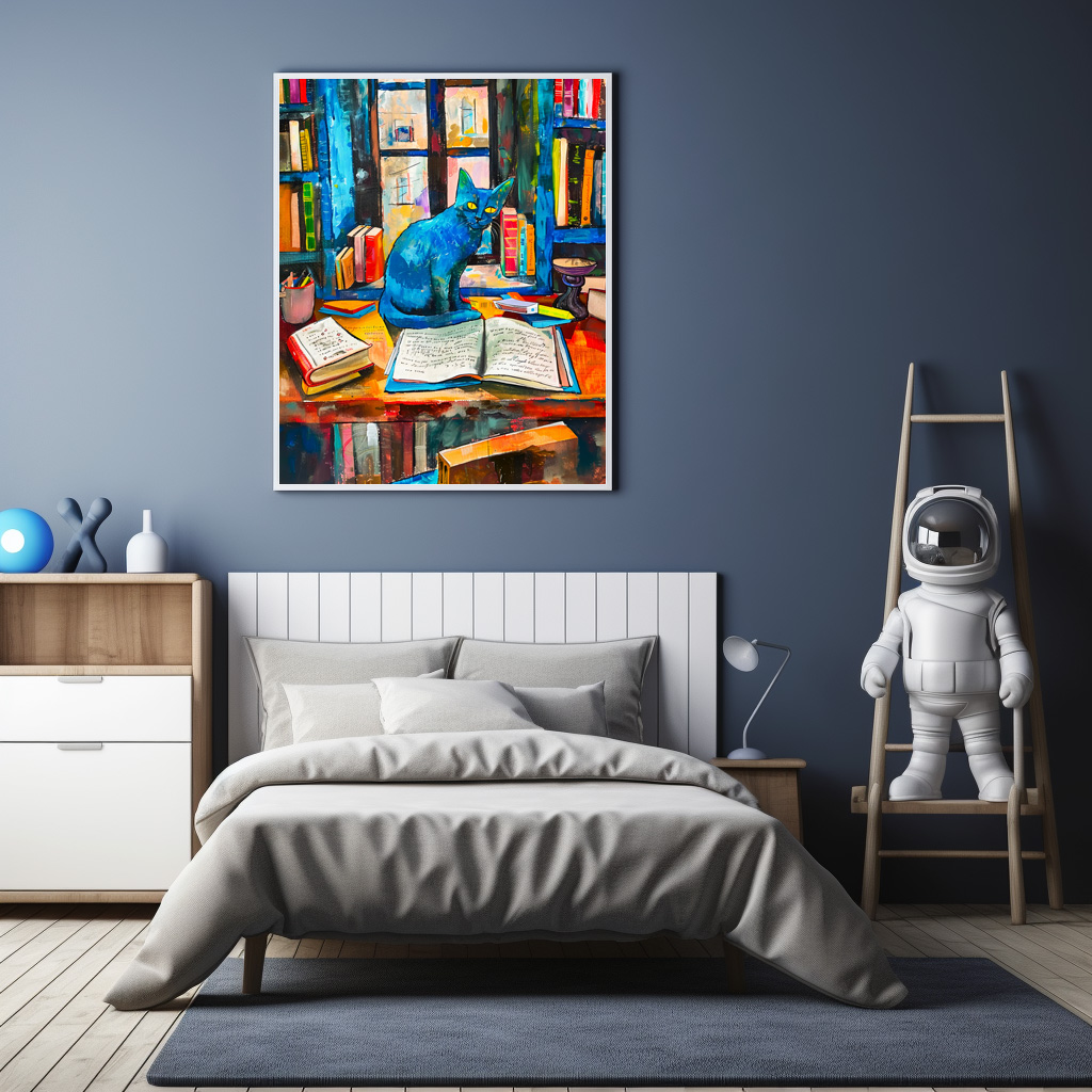 Poster: Cat sitting Among Open Books on table