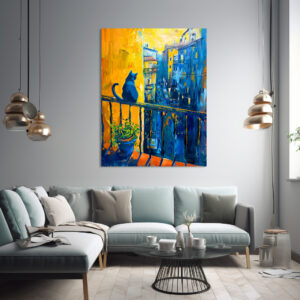 Poster: Cat is sitting on Balcony Railing