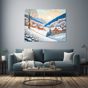 Poster: Winter Mountain Village in Morning Sun