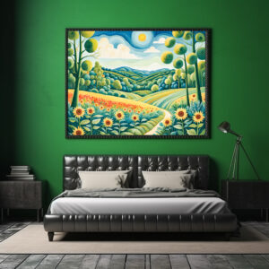 Poster: Pastel Landscape with Sunflower Fields and Path