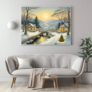 Poster: Idyllic Christmas Village with River and Bridge