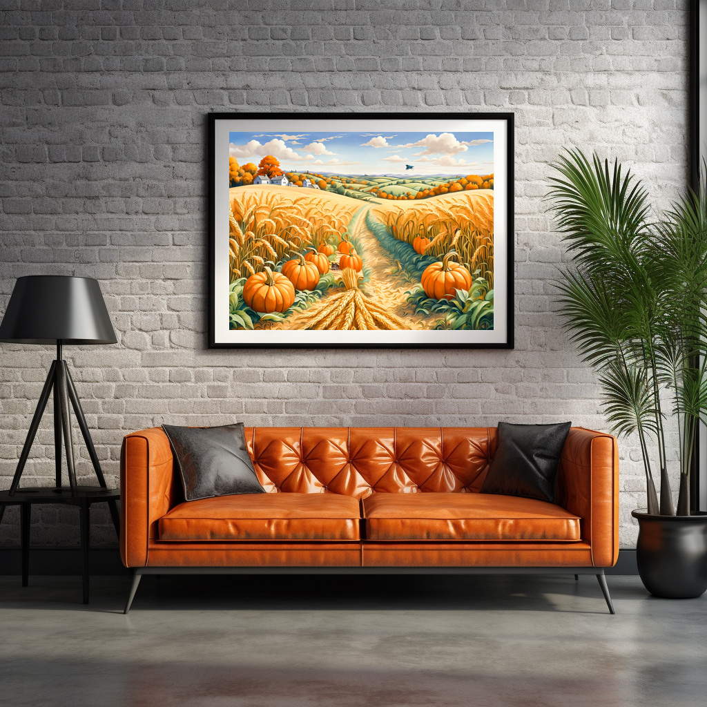 Poster: Hilly Landscape with Wheat Field and Pumpkins - Imagen 2